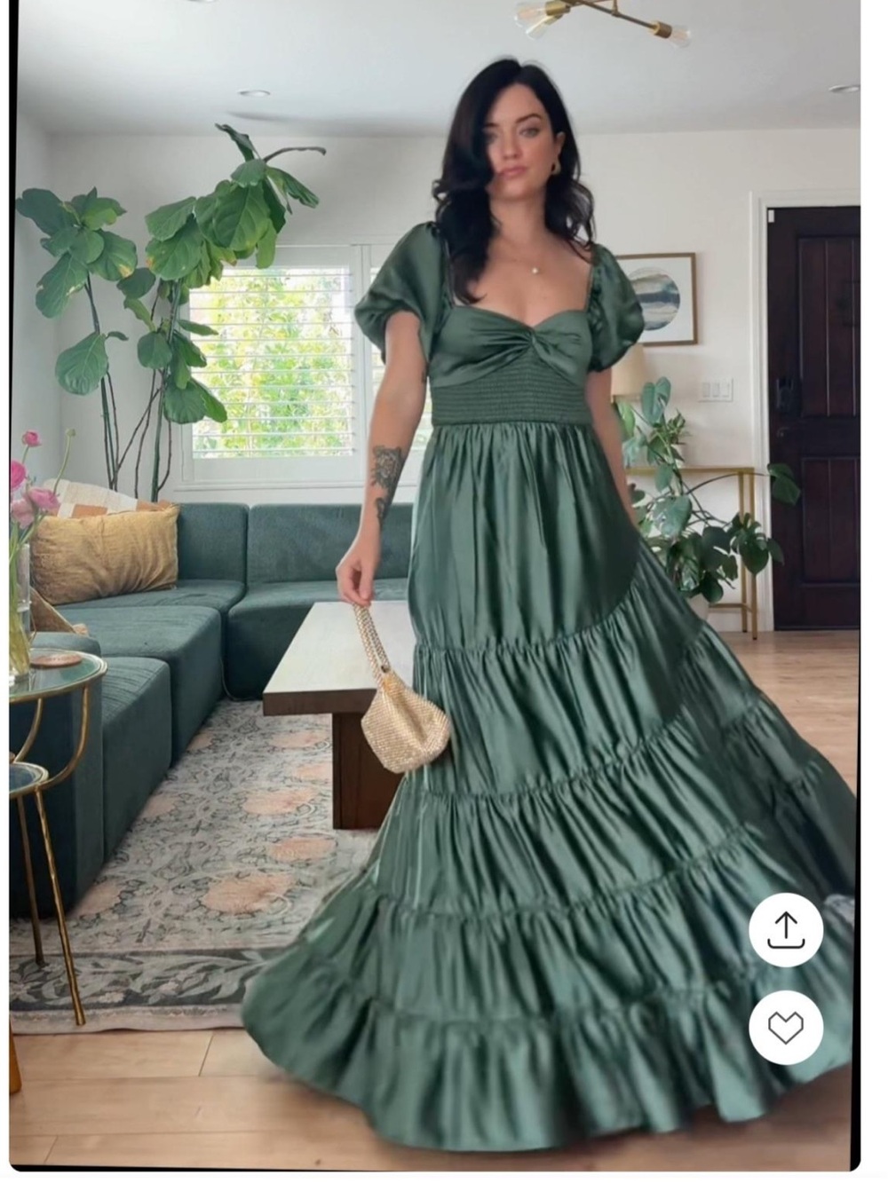 Free People Sundrenched Silky Maxi Dress - Green Tiered with Puff Sleeves
